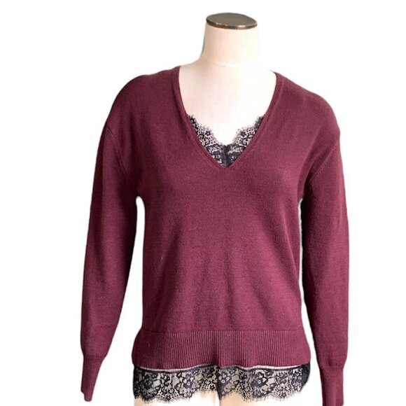 LAUNDRY by Shelli Segal Burgundy V-Neck Sweater  Black Lace Trim Sz M #215B - Picture 1 of 6